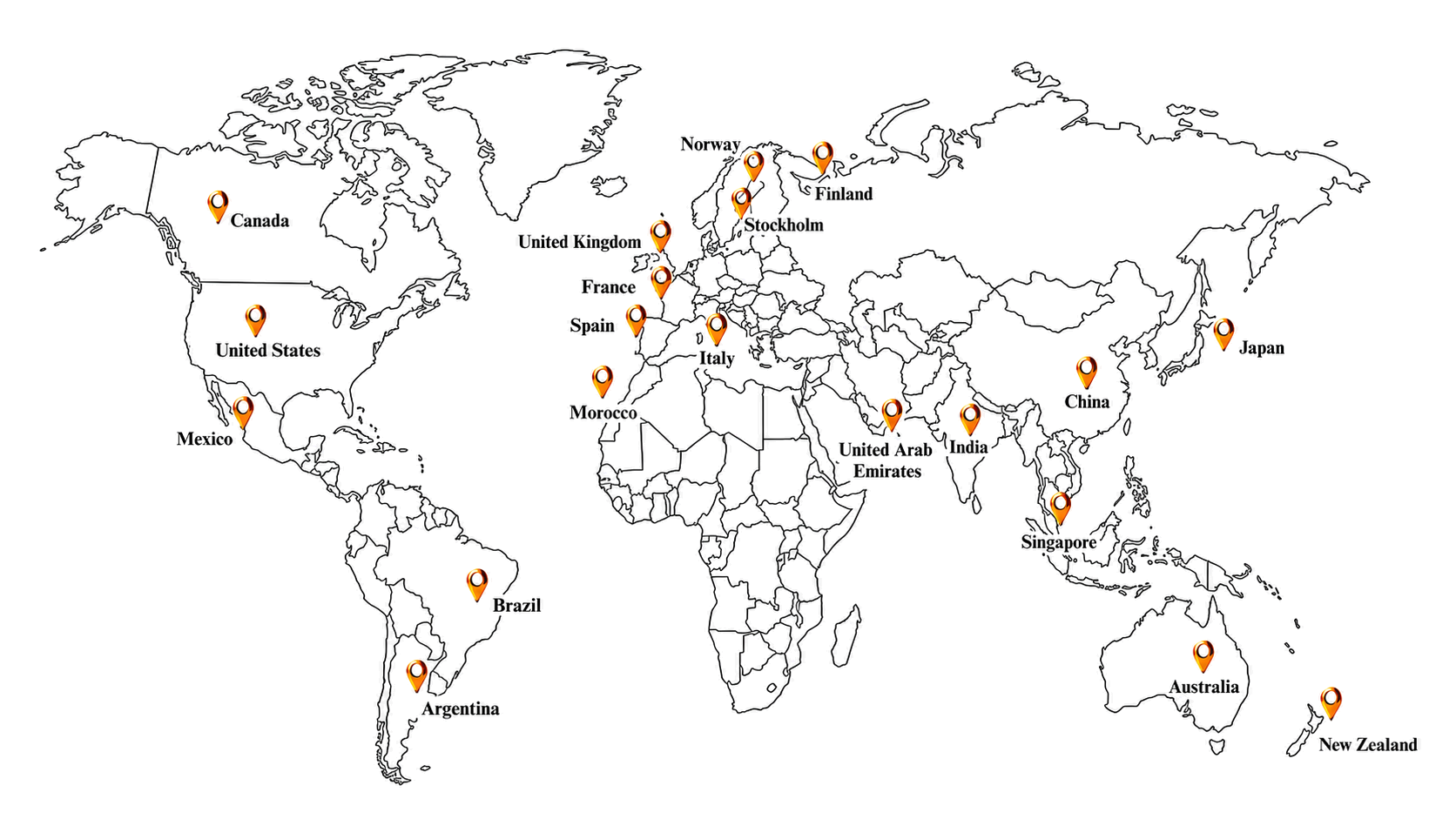 Mappa del mondo con paesi e aree internazionali servite da Incrivio